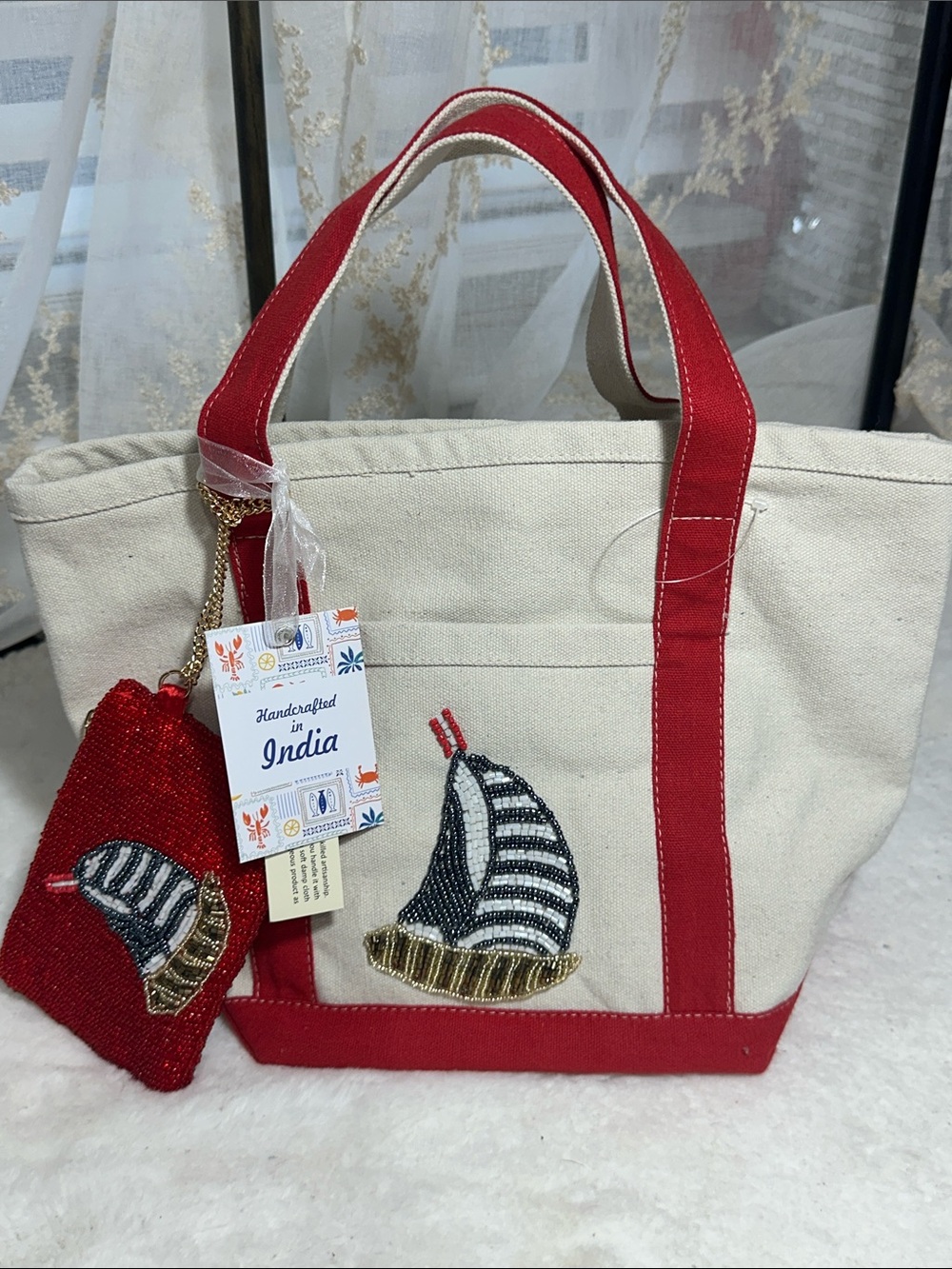 Made in India beaded sailboat canvas tote bag with matching beaded pouch